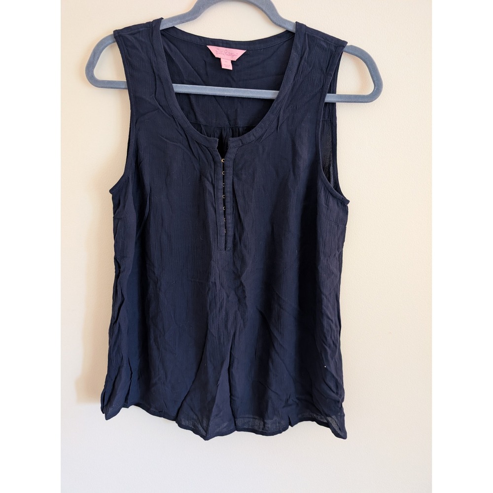 Lilly Pulitzer Navy Blue Crinkle Rayon Hook Eye Sleeveless Tank Top Medium
